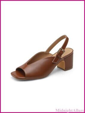 Faux Leather Slingback Block Heels Peep Toe Chunky Heeled Sandals